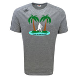 The Twin Island Rugby Tempo Vapodri T-Shirt by WRS Canterbury is a gray, moisture-wicking tee featuring two palm trees, a rugby player silhouette, and "TWIN ISLAND RUGBY" text below the image.