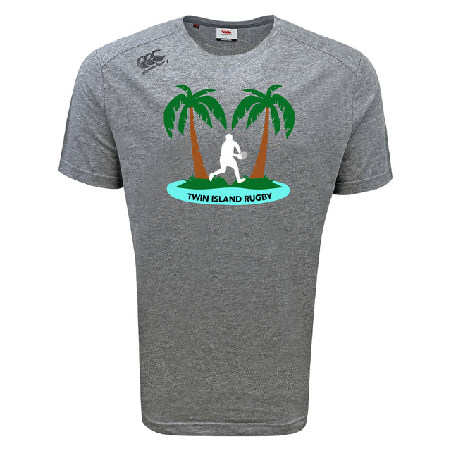 The Twin Island Rugby Tempo Vapodri T-Shirt by WRS Canterbury is a gray, moisture-wicking tee featuring two palm trees, a rugby player silhouette, and "TWIN ISLAND RUGBY" text below the image.