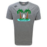 The Twin Island Rugby Tempo Vapodri T-Shirt by WRS Canterbury is a gray, moisture-wicking tee featuring two palm trees, a rugby player silhouette, and "TWIN ISLAND RUGBY" text below the image.