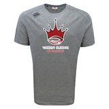 The Chattanooga Queens Rugby Tempo Vapodri T-Shirt by WRS Canterbury is a gray short-sleeve athletic tee featuring a red crown graphic above "'Nooga Queens Women's Rugby" in white and red text.