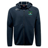 The Twin Island Rugby Tempo Vapodri Full-Zip Hoodie by EMB Canterbury is a black hoodie with a zip front, hood, green and white palm tree logo on the chest, grey Canterbury logo on the shoulder, and moisture-wicking comfort.