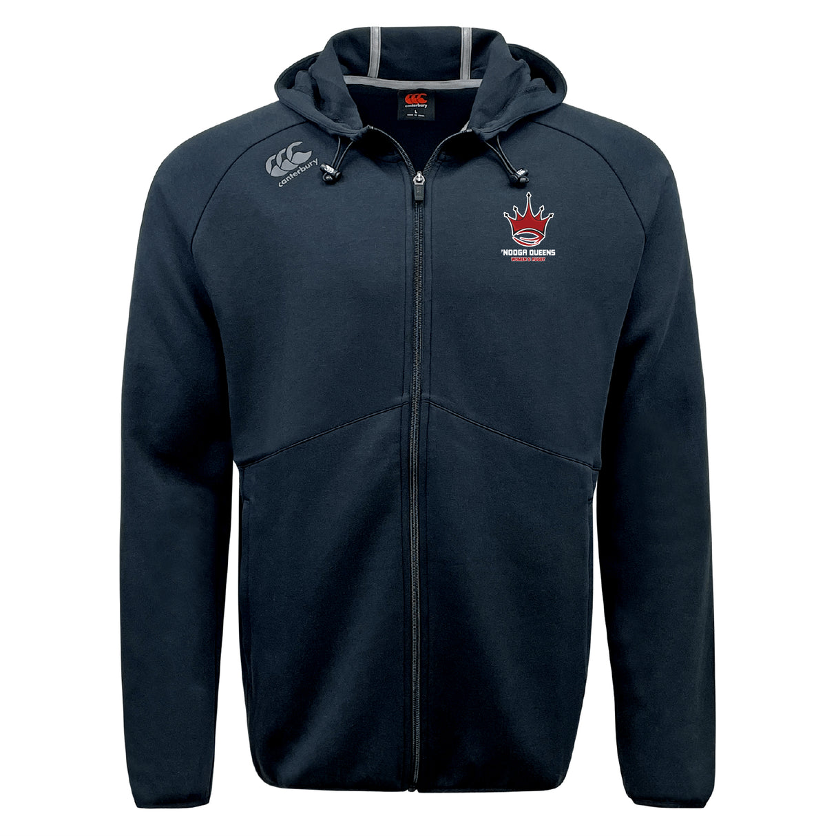 The Chattanooga Queens Rugby Tempo Vapodri Full-Zip Hoodie by EMB Canterbury is a black zip-up with a red crown logo and text on the chest, a white embroidered emblem on the right shoulder, and moisture-wicking fabric for comfort.