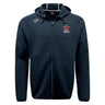 The Chattanooga Queens Rugby Tempo Vapodri Full-Zip Hoodie by EMB Canterbury is a black zip-up with a red crown logo and text on the chest, a white embroidered emblem on the right shoulder, and moisture-wicking fabric for comfort.