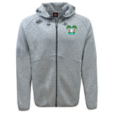 The Twin Island Rugby Tempo Vapodri Full-Zip Hoodie by EMB Canterbury is a light gray zip-up hoodie with a hood, embroidered twin palm trees on the left chest, a small black logo on the right shoulder, and moisture-wicking comfort.