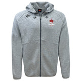 The Chattanooga Queens Rugby Tempo Vapodri Full-Zip Hoodie by EMB Canterbury features a light grey design with a hood, two front pockets, black zipper, embroidered chest logos, and advanced moisture-wicking VapoDri technology.