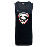 The Loudoun Tempo Vapodri Singlet by Canterbury from WRS Canterbury is a black rugby tank top featuring a "Loudoun County Rugby" emblem with two dragons around a ball, made from recycled polyester and equipped with VapoDri technology for quick-drying comfort.