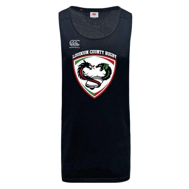 The Loudoun Tempo Vapodri Singlet by Canterbury from WRS Canterbury is a black rugby tank top featuring a "Loudoun County Rugby" emblem with two dragons around a ball, made from recycled polyester and equipped with VapoDri technology for quick-drying comfort.