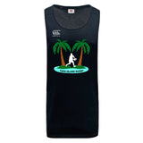 The Twin Island Rugby Tempo Vapodri Singlet by WRS Canterbury is a black sleeveless tank featuring palm trees, a rugby player silhouette, "TWIN ISLAND RUGBY" text, and Canterbury logo. Made from recycled polyester for comfort.