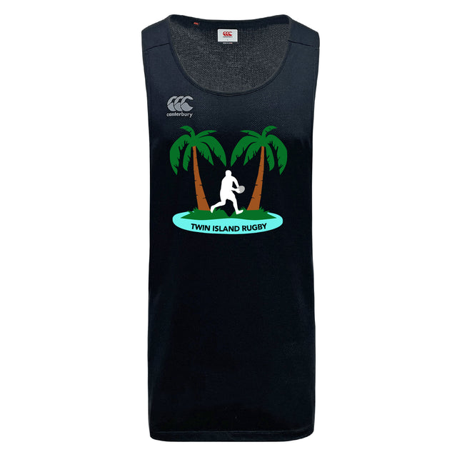 The Twin Island Rugby Tempo Vapodri Singlet by WRS Canterbury is a black sleeveless tank featuring palm trees, a rugby player silhouette, "TWIN ISLAND RUGBY" text, and Canterbury logo. Made from recycled polyester for comfort.