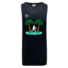 The Twin Island Rugby Tempo Vapodri Singlet by WRS Canterbury is a black sleeveless tank featuring palm trees, a rugby player silhouette, "TWIN ISLAND RUGBY" text, and Canterbury logo. Made from recycled polyester for comfort.