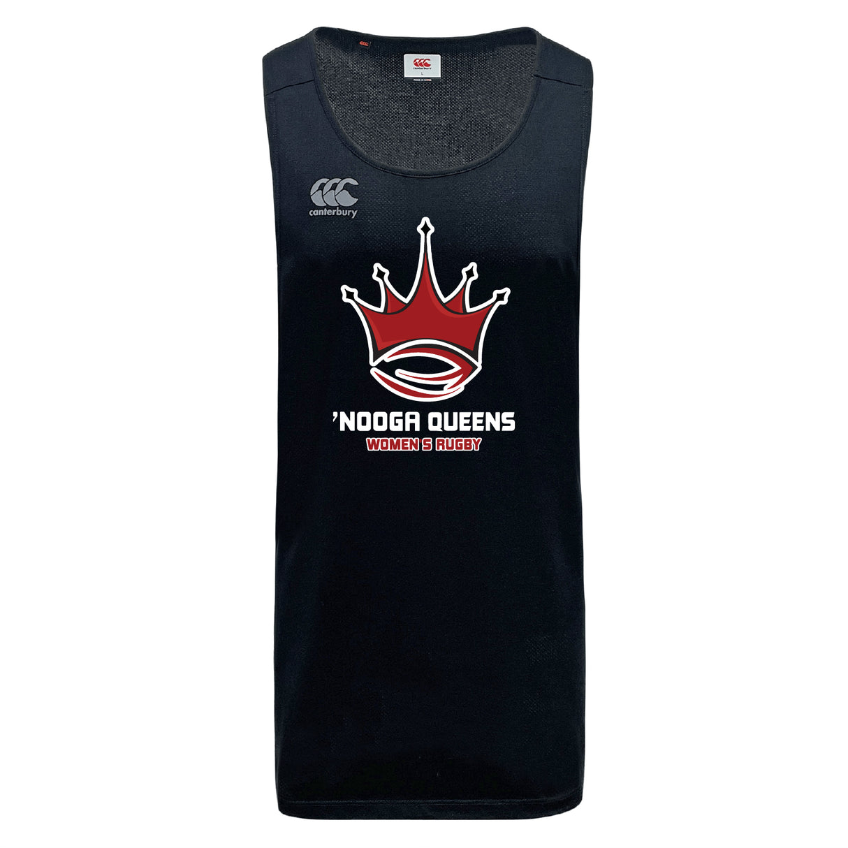The Chattanooga Queens Rugby Tempo Vapodri Singlet by WRS Canterbury is a black tank top with a red crown logo, "NOOGA QUEENS WOMEN'S RUGBY" text, and brand logo on the chest. Made from recycled polyester for comfort and performance.