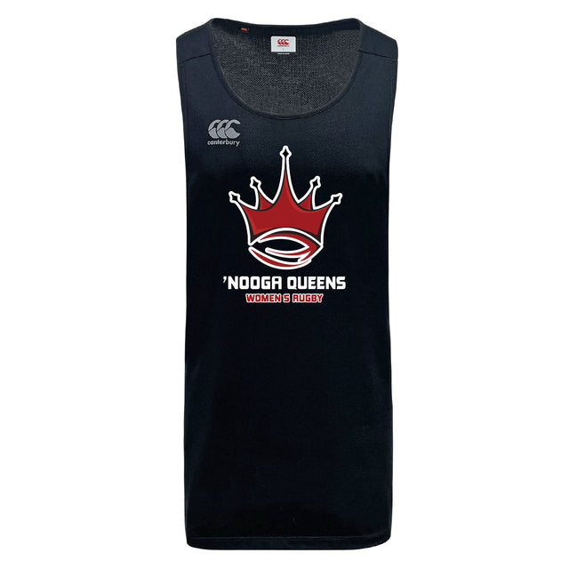 The Chattanooga Queens Rugby Tempo Vapodri Singlet by WRS Canterbury is a black tank top with a red crown logo, "NOOGA QUEENS WOMEN'S RUGBY" text, and brand logo on the chest. Made from recycled polyester for comfort and performance.
