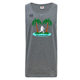 The WRS Canterbury Twin Island Rugby Tempo Vapodri Singlet features two palm trees, a white rugby player silhouette, and "TWIN ISLAND RUGBY" on the front, made from recycled polyester for eco-friendly performance.