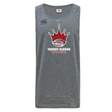 The Chattanooga Queens Rugby Tempo Vapodri Singlet by WRS Canterbury is a gray, recycled-polyester athletic top with a red crown and rugby ball logo and "'Nooga Queens Women's Rugby" text on the front.