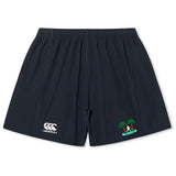 The Twin Island Rugby Yokohama Short by EMB Canterbury features an elastic waistband, a white Canterbury rugby logo on the left leg, and a small surfer with palm trees graphic on the right leg.