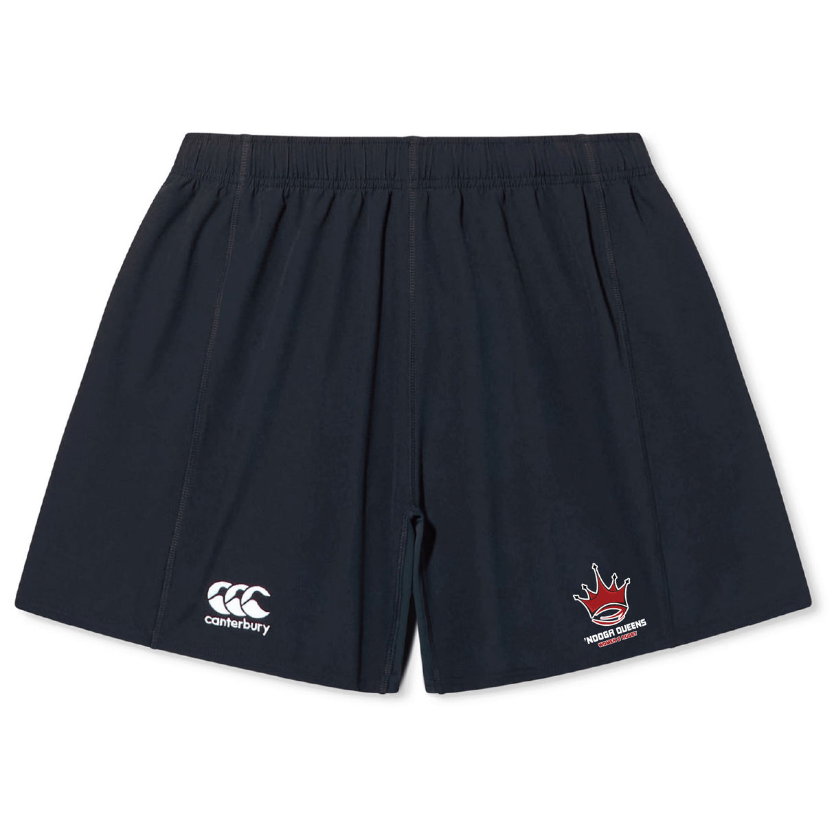 The Chattanooga Queens Rugby Yokohama Short by EMB Canterbury features an elastic waistband, the Canterbury logo on the left leg, and a red crown with text on the right. Ideal for training or as stylish Yokohama shorts.