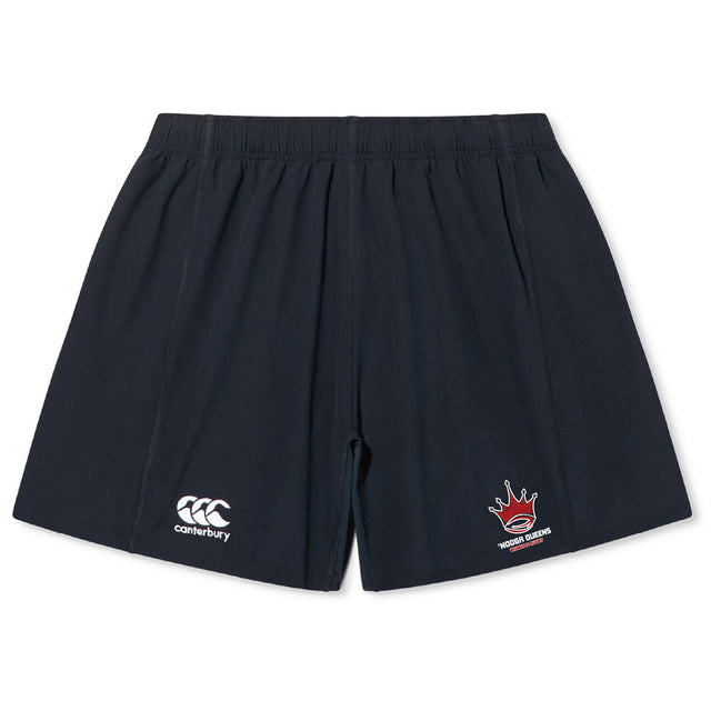 The Chattanooga Queens Rugby Yokohama Short by EMB Canterbury features an elastic waistband, the Canterbury logo on the left leg, and a red crown with text on the right. Ideal for training or as stylish Yokohama shorts.