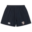 The Loudoun Yokohama Short by Canterbury, offered by EMB Canterbury, is made from durable fabric in black. It features an elastic waistband, adorned with a Canterbury logo on the left and a Leicester Tigers emblem on the right.