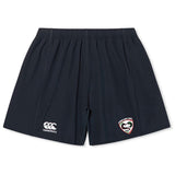 The Loudoun Yokohama Short by Canterbury, offered by EMB Canterbury, is made from durable fabric in black. It features an elastic waistband, adorned with a Canterbury logo on the left and a Leicester Tigers emblem on the right.
