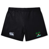The Twin Island Rugby Women's Yokohama Short by EMB Canterbury features the Canterbury logo on the left leg and a surfing graphic between two palm trees on the right.