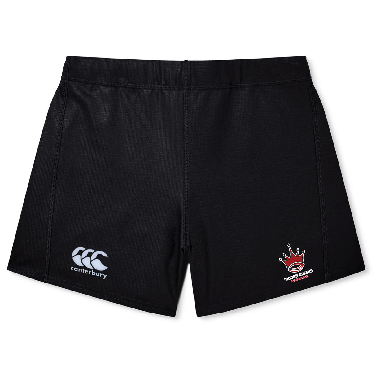 The Chattanooga Queens Rugby Women's Yokohama Short by EMB Canterbury features a logo on the left leg and a red crown with "Women’s Sevens" on the right, inspired by the Yokohama Short, shown on a white background.