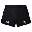 The Loudoun Women's Yokohama Short by EMB Canterbury sports the Canterbury logo on the left and a striking red and white team emblem on the right. Made from lightweight, durable fabric, these shorts ensure a comfortable fit, making them ideal for any active occasion.