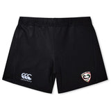 The Loudoun Women's Yokohama Short by EMB Canterbury sports the Canterbury logo on the left and a striking red and white team emblem on the right. Made from lightweight, durable fabric, these shorts ensure a comfortable fit, making them ideal for any active occasion.