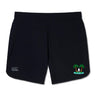 The Twin Island Rugby Women's Elite Woven Short by EMB Canterbury features black fabric, a white left-leg logo, a tropical right-leg design with palm tree and surfer, plus zippered pockets for secure storage.