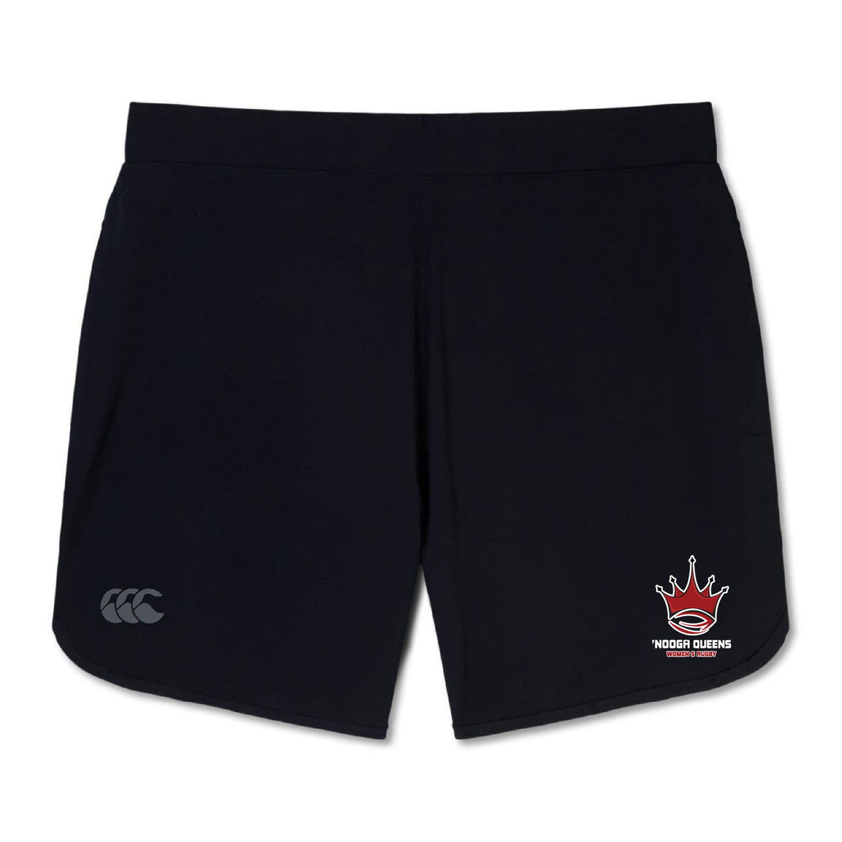 The Chattanooga Queens Rugby Women's Elite Woven Short by EMB Canterbury features a small white Canterbury logo on the left leg and a bold red crown with "NOGOR QUEENS" text on the right—ideal for training sessions.