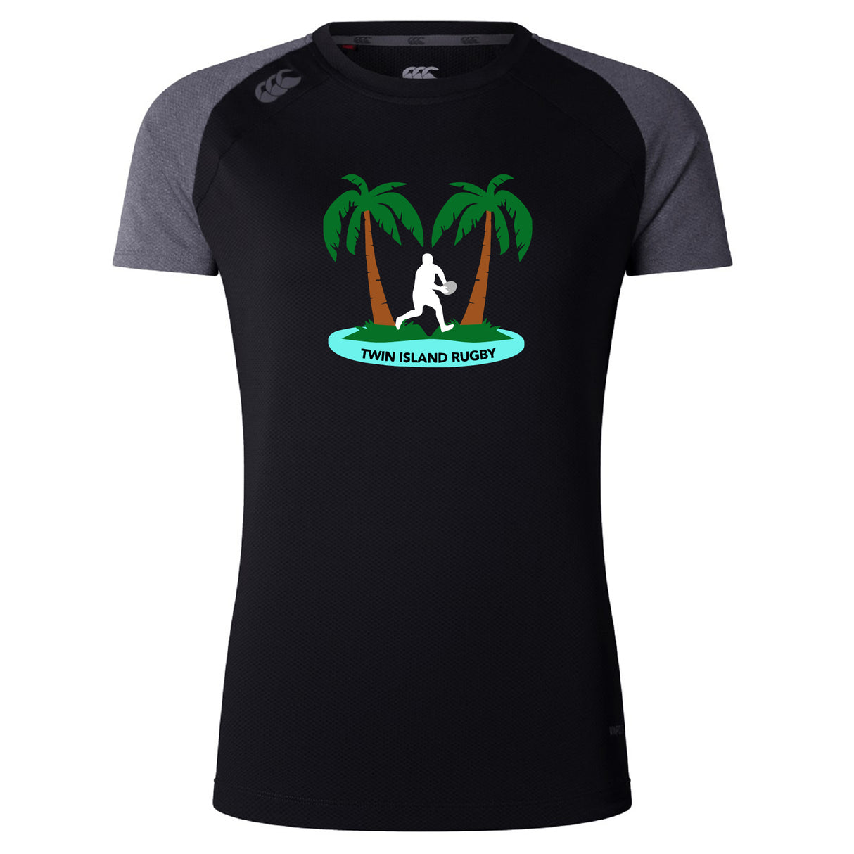 The Twin Island Rugby Women’s Elite Training Tee by WRS Canterbury is a lightweight, breathable black and gray shirt with palm tree and rugby player logo plus "TWIN ISLAND RUGBY" on a blue banner—ideal for workouts.