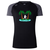 The Twin Island Rugby Women’s Elite Training Tee by WRS Canterbury is a lightweight, breathable black and gray shirt with palm tree and rugby player logo plus "TWIN ISLAND RUGBY" on a blue banner—ideal for workouts.