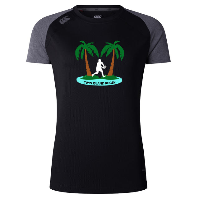 The Twin Island Rugby Women’s Elite Training Tee by WRS Canterbury is a lightweight, breathable black and gray shirt with palm tree and rugby player logo plus "TWIN ISLAND RUGBY" on a blue banner—ideal for workouts.