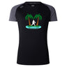 The Twin Island Rugby Women’s Elite Training Tee by WRS Canterbury is a lightweight, breathable black and gray shirt with palm tree and rugby player logo plus "TWIN ISLAND RUGBY" on a blue banner—ideal for workouts.