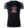The Chattanooga Queens Rugby Women's Elite Training Tee by WRS Canterbury is a black and dark gray Vapodri jersey with short sleeves, red crown logo, and "’NOOGA QUEENS WOMEN’S RUGBY" text—made for elite comfort and performance.