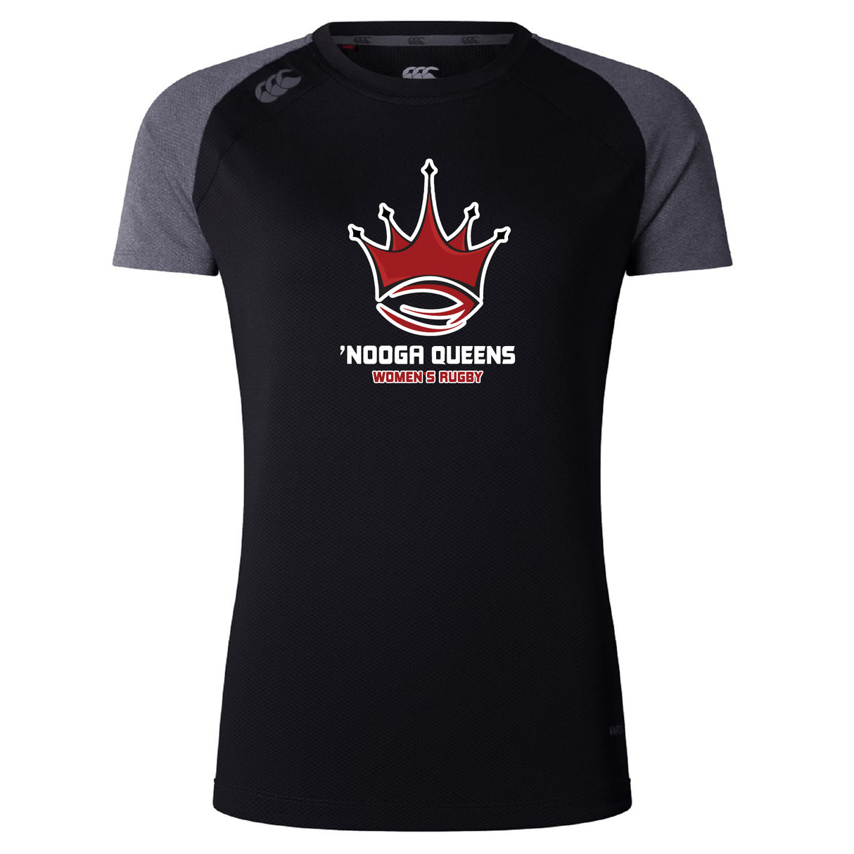The Chattanooga Queens Rugby Women's Elite Training Tee by WRS Canterbury is a black and dark gray Vapodri jersey with short sleeves, red crown logo, and "’NOOGA QUEENS WOMEN’S RUGBY" text—made for elite comfort and performance.