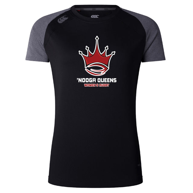 The Chattanooga Queens Rugby Women's Elite Training Tee by WRS Canterbury is a black and dark gray Vapodri jersey with short sleeves, red crown logo, and "’NOOGA QUEENS WOMEN’S RUGBY" text—made for elite comfort and performance.