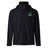 The Twin Island Rugby Elite Storm Jacket by EMB Canterbury is a black hooded jacket with a small embroidered palm trees and water logo on the left chest, a white logo on the right shoulder, and breathable fabric for all-day comfort.