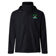 The Twin Island Rugby Elite Storm Jacket by EMB Canterbury is a black hooded jacket with a small embroidered palm trees and water logo on the left chest, a white logo on the right shoulder, and breathable fabric for all-day comfort.