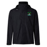 The Twin Island Rugby Elite Storm Jacket by EMB Canterbury is a black hooded jacket with a small embroidered palm trees and water logo on the left chest, a white logo on the right shoulder, and breathable fabric for all-day comfort.