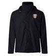 Introducing the Loudoun Elite Storm Jacket by EMB Canterbury, a black hooded jacket designed with outdoor specialist fabrics. It features a logo incorporating a shield and stylized face on the left chest. Perfect for adventures, its Vaposhield performance guarantees you stay dry and comfortable.