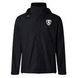 Introducing the Loudoun Elite Storm Jacket by EMB Canterbury, a black hooded jacket designed with outdoor specialist fabrics. It features a logo incorporating a shield and stylized face on the left chest. Perfect for adventures, its Vaposhield performance guarantees you stay dry and comfortable.