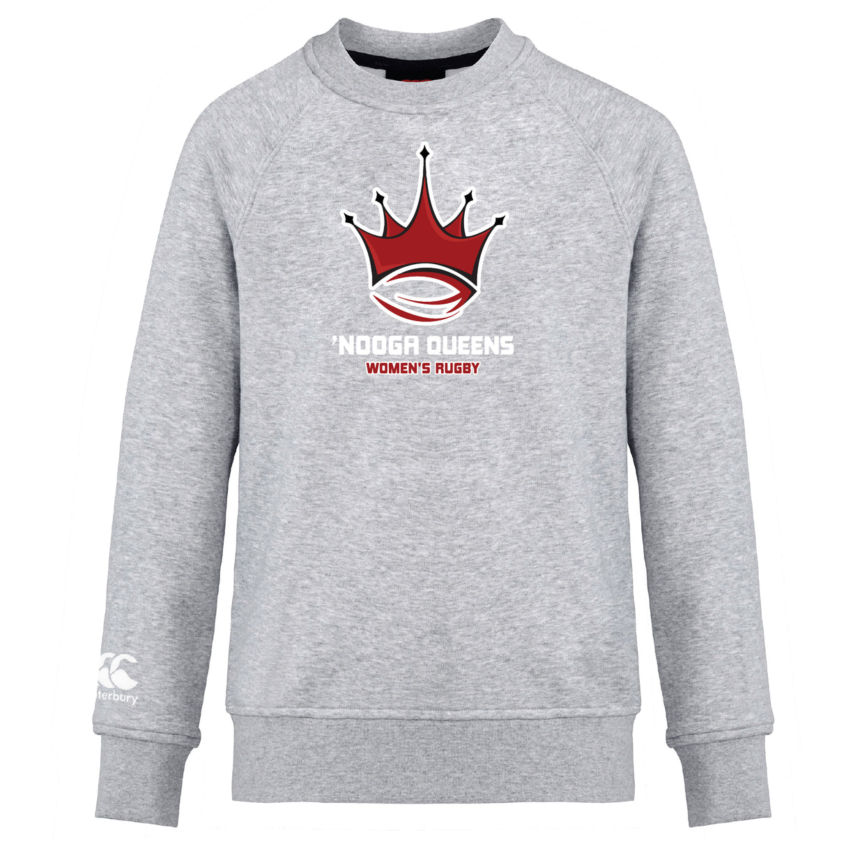 The Chattanooga Queens Rugby Club Crew Sweatshirt by WRS Canterbury is an ultra soft light gray sweatshirt with a red and black crown rugby ball logo and "NOOGA QUEENS WOMEN'S RUGBY" on the front, plus an embroidered CCC logo.