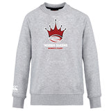 The Chattanooga Queens Rugby Club Crew Sweatshirt by WRS Canterbury is an ultra soft light gray sweatshirt with a red and black crown rugby ball logo and "NOOGA QUEENS WOMEN'S RUGBY" on the front, plus an embroidered CCC logo.