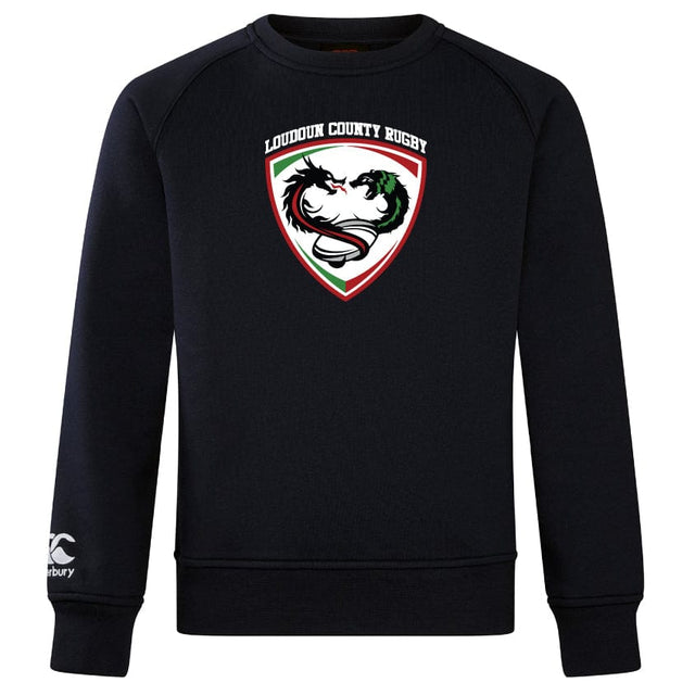 The Loudoun Club Crew Sweatshirt by WRS Canterbury showcases the Loudoun County Rugby logo prominently on the front, with an elegantly embroidered CCC logo discreetly located on the sleeve.