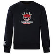 The Chattanooga Queens Rugby Club Crew Sweatshirt by Canterbury is a black, ultra-soft WRS Canterbury top with a red and white crown rugby logo and "'NOOGA QUEENS Women's Rugby" on the chest, plus an embroidered CCC sleeve logo.