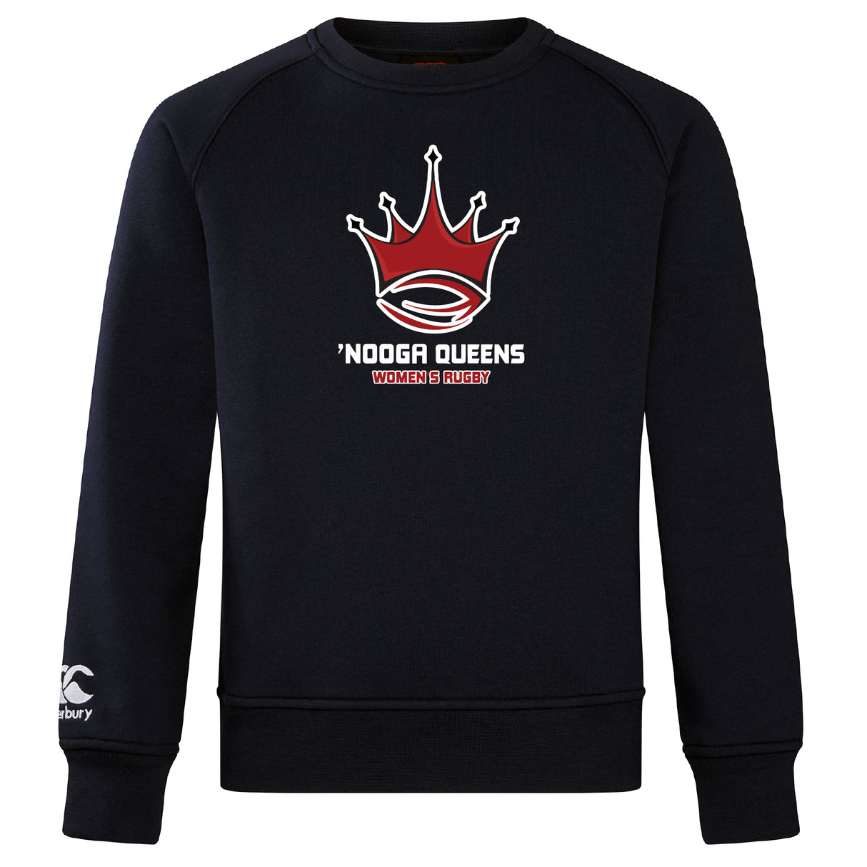 The Chattanooga Queens Rugby Club Crew Sweatshirt by Canterbury is a black, ultra-soft WRS Canterbury top with a red and white crown rugby logo and "'NOOGA QUEENS Women's Rugby" on the chest, plus an embroidered CCC sleeve logo.