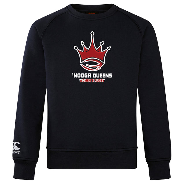 The Chattanooga Queens Rugby Club Crew Sweatshirt by Canterbury is a black, ultra-soft WRS Canterbury top with a red and white crown rugby logo and "'NOOGA QUEENS Women's Rugby" on the chest, plus an embroidered CCC sleeve logo.