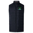 The Twin Island Rugby Women's Elite Microlite Gilet by EMB Canterbury is a black insulated vest with a front zipper and an embroidered logo of a person lounging under palm trees on the left chest.