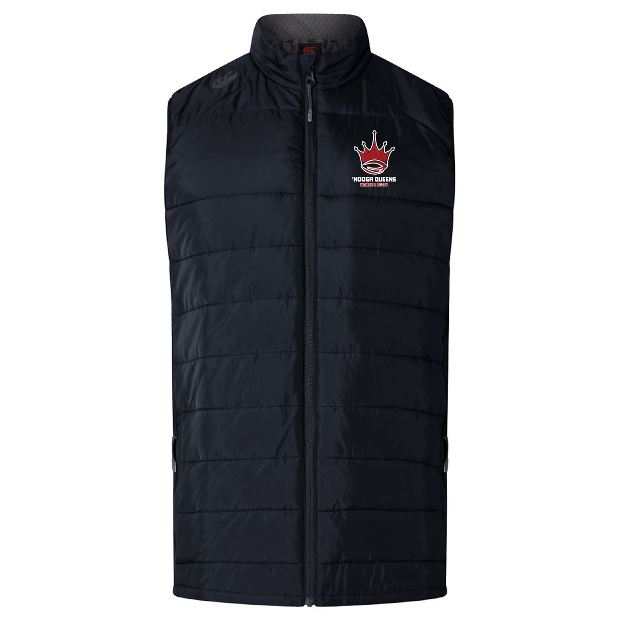 The Chattanooga Queens Rugby Women's Elite Microlite Gilet by EMB Canterbury is a black quilted insulated hybrid vest with a front zipper and "Modern Queens" crown logo on the left chest, combining style and warmth.