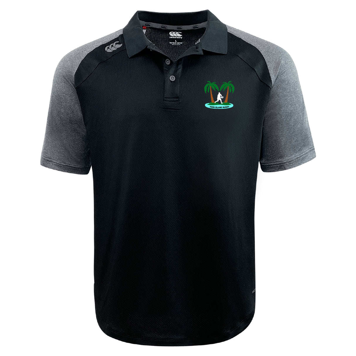 The Twin Island Rugby Elite Polo by EMB Canterbury, made with Vapodri fabric, features a palm tree and surfboard logo on the left chest. Lightweight and durable, it's perfect for active days.
